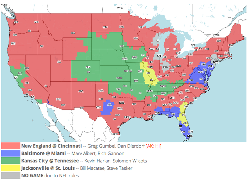 Illustration for article titled Which TV Market's Getting Screwed Today? Your Week 5 NFL Viewing Maps